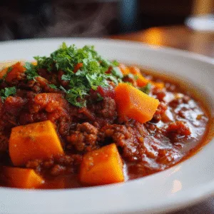 Winter beef chili with sweet potatoes and russet potatoes in white serving bowl with toppings
