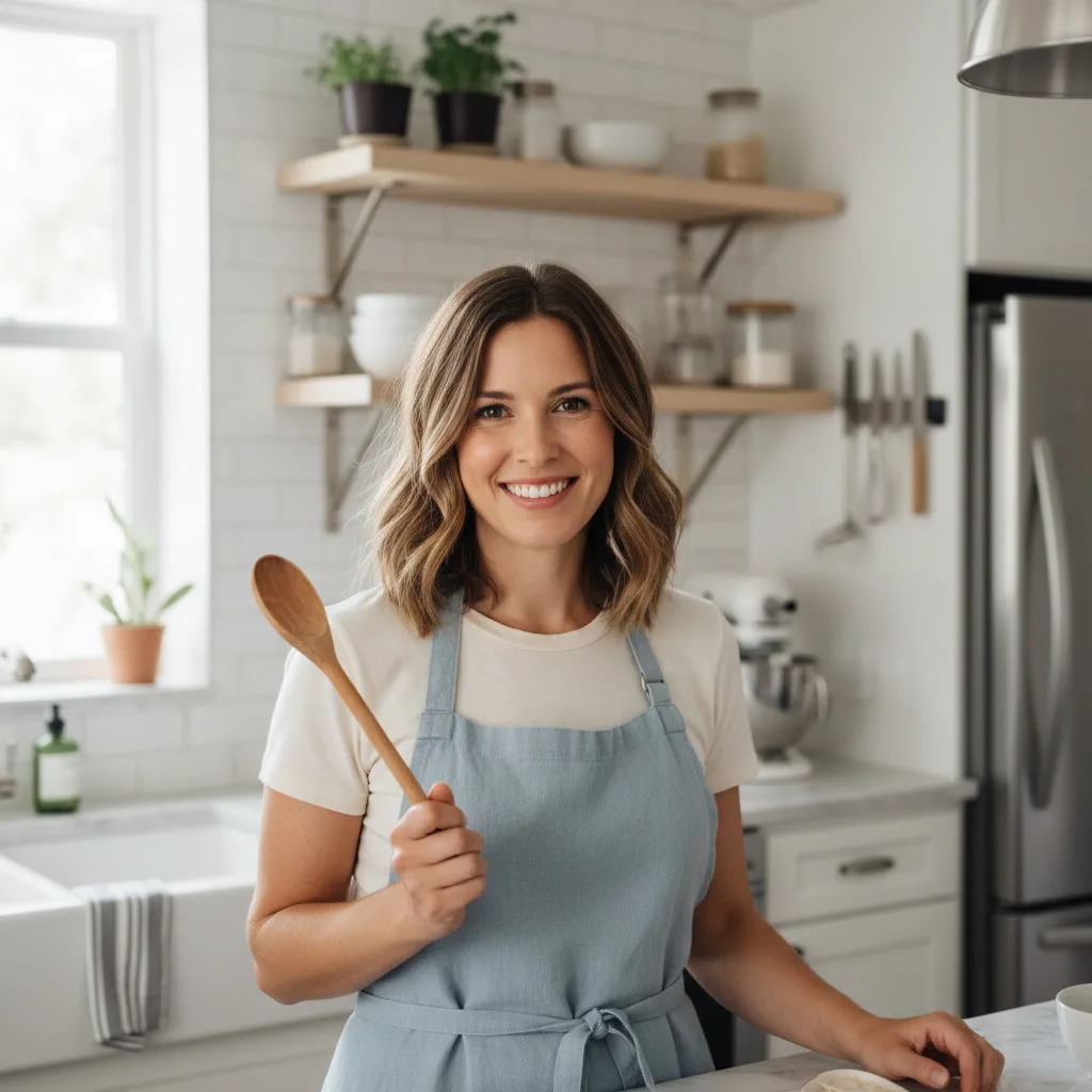 Rachel Turner, founder of Mealzyt food blog, smiling in her kitchen with a cup of coffee.