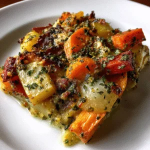 Roasted root vegetable casserole with golden herb breadcrumb topping in white serving dish