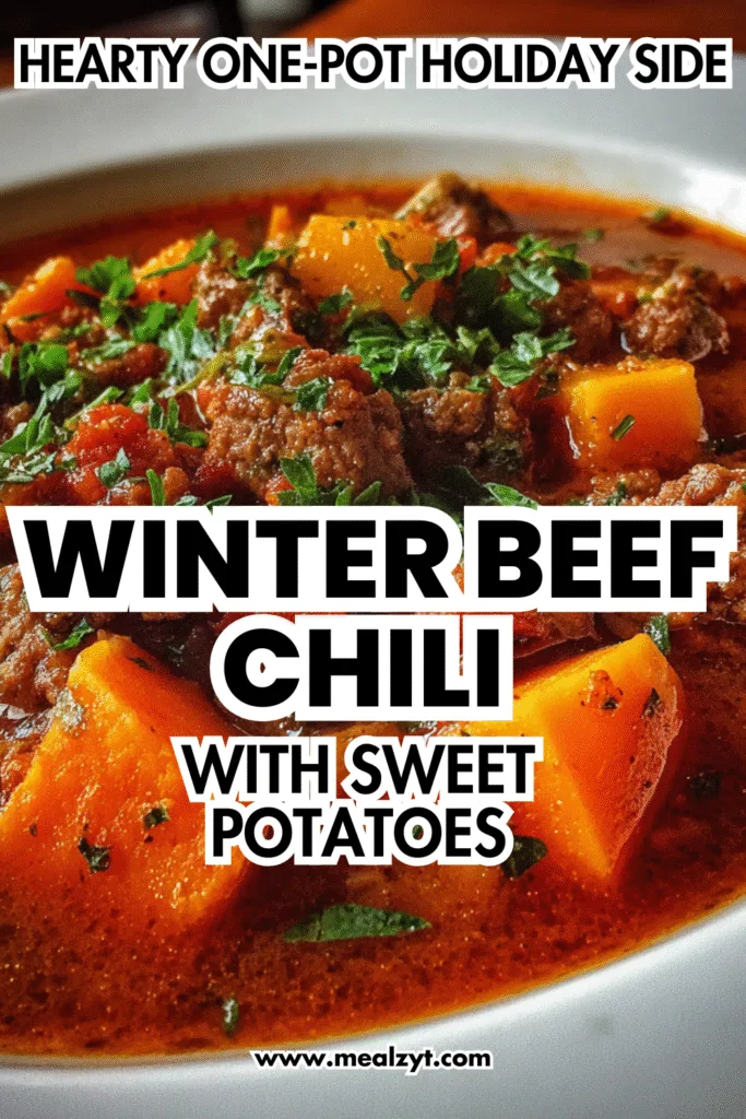 Winter beef chili with sweet potatoes and russet potatoes in white serving bowl with toppings
