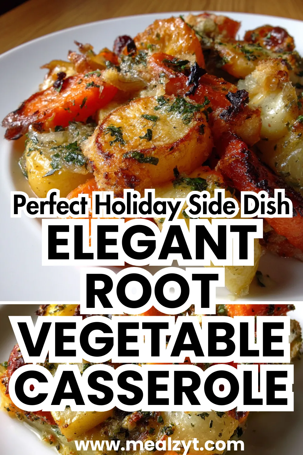 Roasted root vegetable casserole with golden herb breadcrumb topping in white serving dish