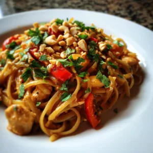 20-minute Thai peanut noodles with creamy peanut sauce coating noodles, garnished with chopped peanuts, cilantro, and sesame seeds