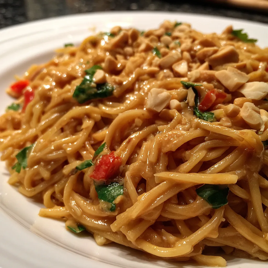 20-minute Thai peanut noodles with creamy peanut sauce coating noodles, garnished with chopped peanuts, cilantro, and sesame seeds