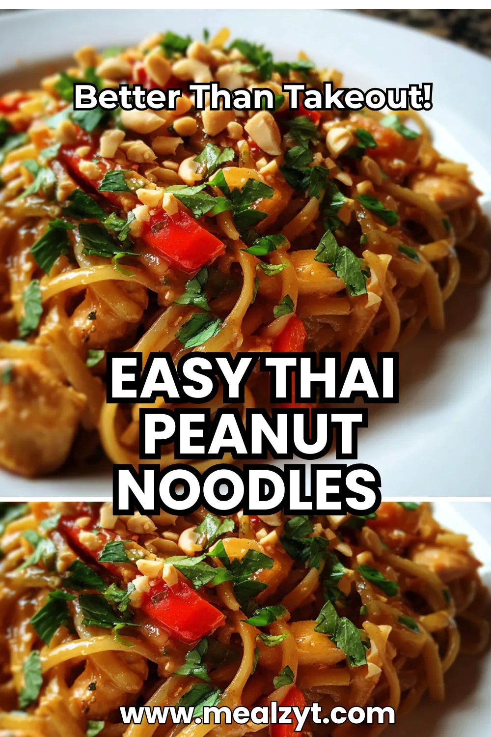 20-minute Thai peanut noodles with creamy peanut sauce coating noodles, garnished with chopped peanuts, cilantro, and sesame seeds