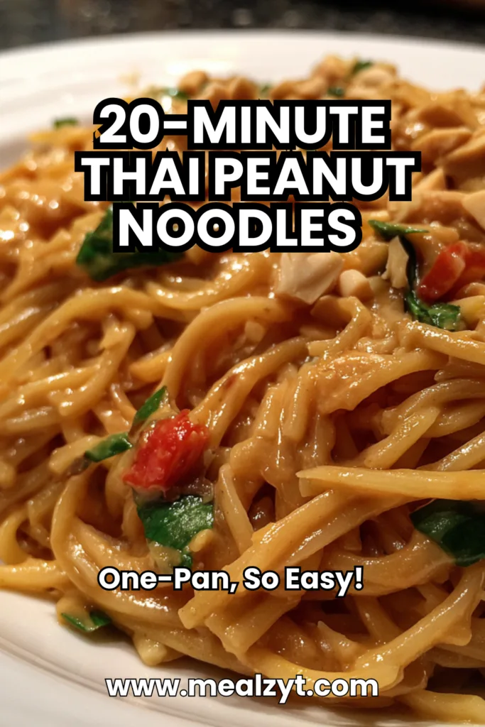 20-minute Thai peanut noodles with creamy peanut sauce coating noodles, garnished with chopped peanuts, cilantro, and sesame seeds