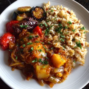 Clean-eating Moroccan skillet dinner with turkey, chickpeas, and vegetables in a white pan.