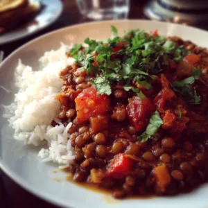 Easy lentil Moroccan pot filled with lentils, tomatoes, and colorful vegetables in a white pot, garnished with fresh herbs.