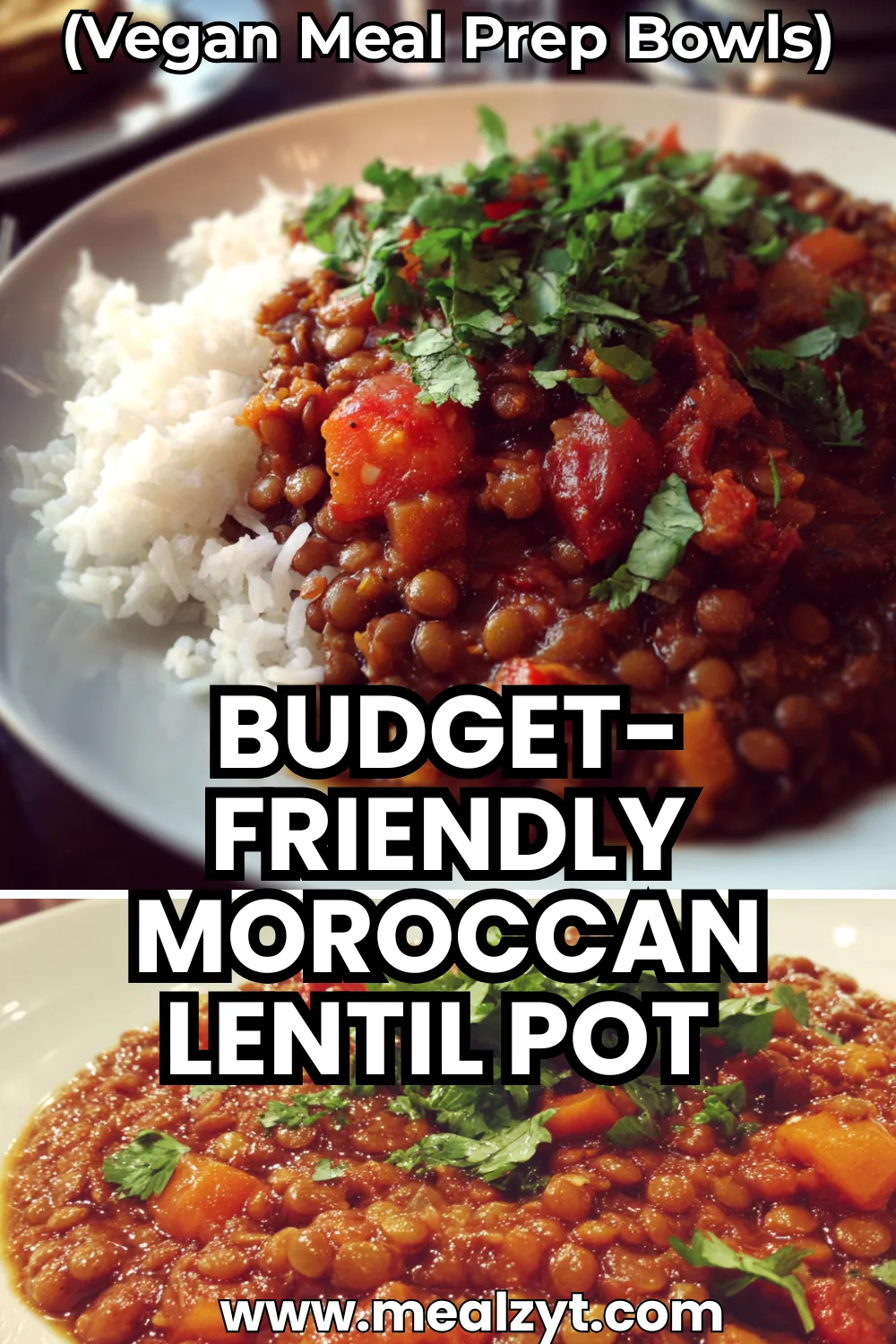 Easy lentil Moroccan pot filled with lentils, tomatoes, and colorful vegetables in a white pot, garnished with fresh herbs.