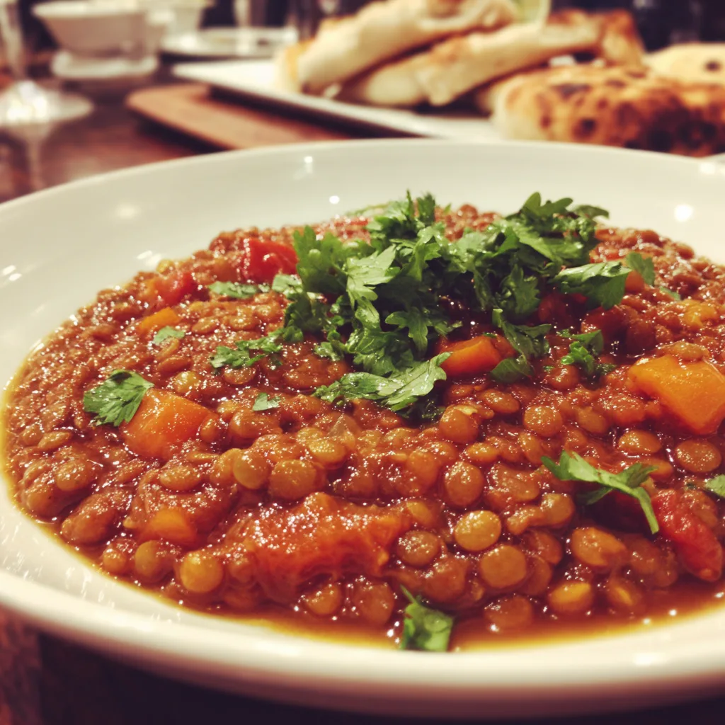 Easy lentil Moroccan pot filled with lentils, tomatoes, and colorful vegetables in a white pot, garnished with fresh herbs.