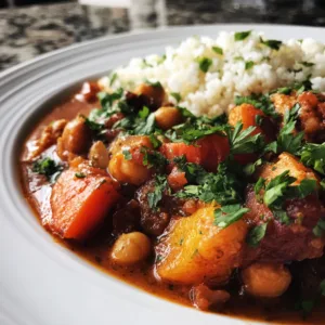 Easy meal prep Moroccan stew one pot with chickpeas, red lentils, butternut squash, and aromatic Moroccan spices topped with Greek yogurt and fresh cilantro