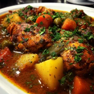 Easy Moroccan chicken stew with vegetables and chickpeas in a white bowl