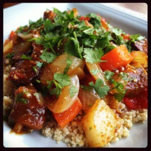 Easy Moroccan chicken with chickpeas, tomatoes, and spices in a white skillet, topped with fresh cilantro.