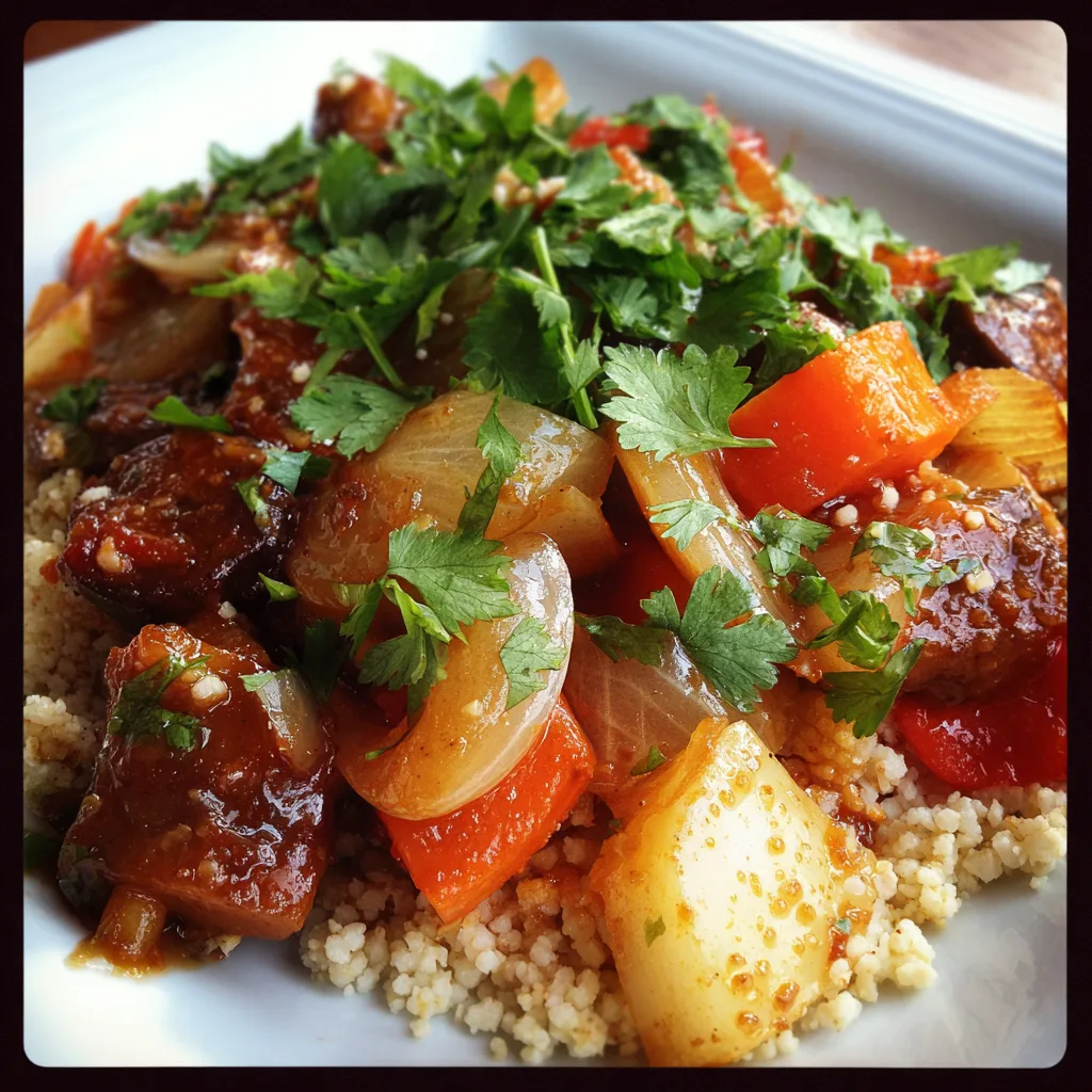 Easy Moroccan chicken with chickpeas, tomatoes, and spices in a white skillet, topped with fresh cilantro.