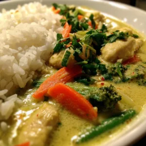 Easy Thai green curry with bite-sized chicken pieces, red bell peppers, carrots, and snow peas in vibrant green coconut curry sauce, garnished with fresh Thai basil and cilantro