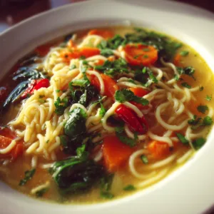 Easy Thai noodle soup with ramen or rice noodles, colorful vegetables in creamy coconut curry broth, garnished with fresh cilantro and lime wedges