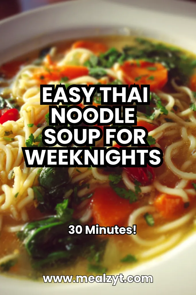 Easy Thai noodle soup with ramen or rice noodles, colorful vegetables in creamy coconut curry broth, garnished with fresh cilantro and lime wedges