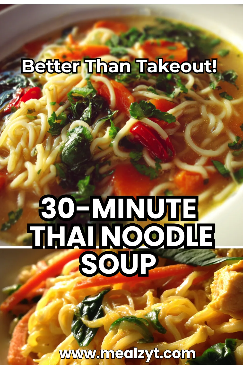 Easy Thai noodle soup with ramen or rice noodles, colorful vegetables in creamy coconut curry broth, garnished with fresh cilantro and lime wedges