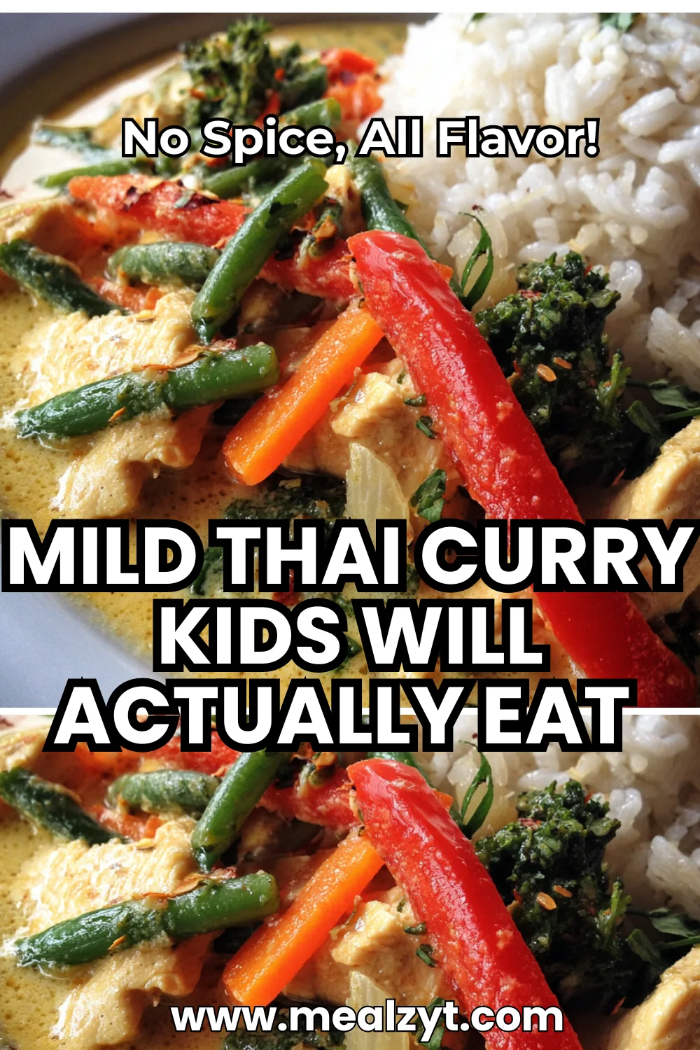 Family-friendly mild Thai coconut curry with bite-sized chicken, potato chunks, shredded carrots, bell peppers, and green beans in creamy yellow coconut curry sauce