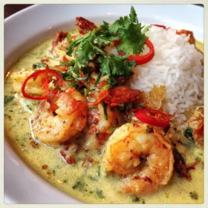 Family-friendly mild Thai coconut curry with bite-sized chicken, potato chunks, shredded carrots, bell peppers, and green beans in creamy yellow coconut curry sauce