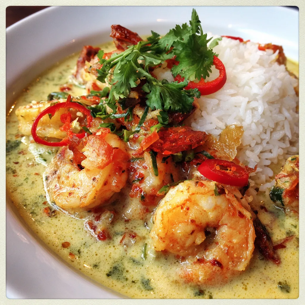 Family-friendly mild Thai coconut curry with bite-sized chicken, potato chunks, shredded carrots, bell peppers, and green beans in creamy yellow coconut curry sauce