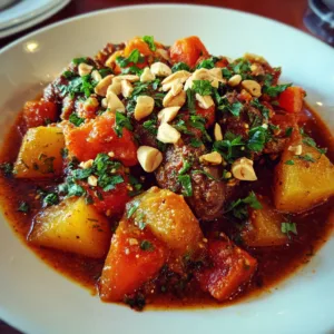 Family-friendly Moroccan stew with chickpeas, sweet potatoes, and colorful vegetables in a white pot, topped with fresh cilantro.