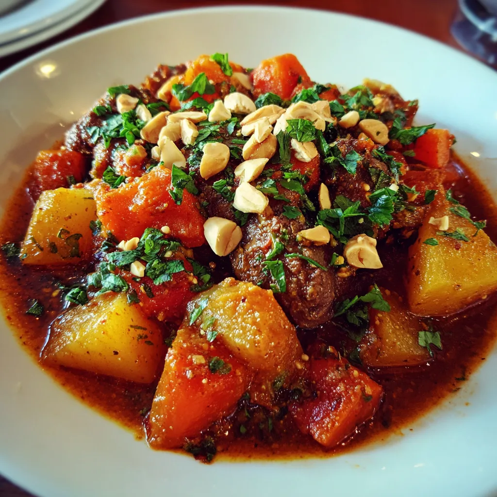 Family-friendly Moroccan stew with chickpeas, sweet potatoes, and colorful vegetables in a white pot, topped with fresh cilantro.