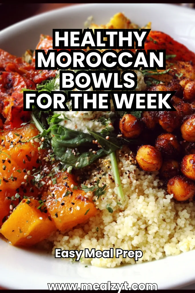 Healthy Moroccan Bowls for the Week: Healthy Moroccan meal prep bowls with spiced chicken thighs, roasted cauliflower, chickpeas, and couscous, garnished with fresh herbs.