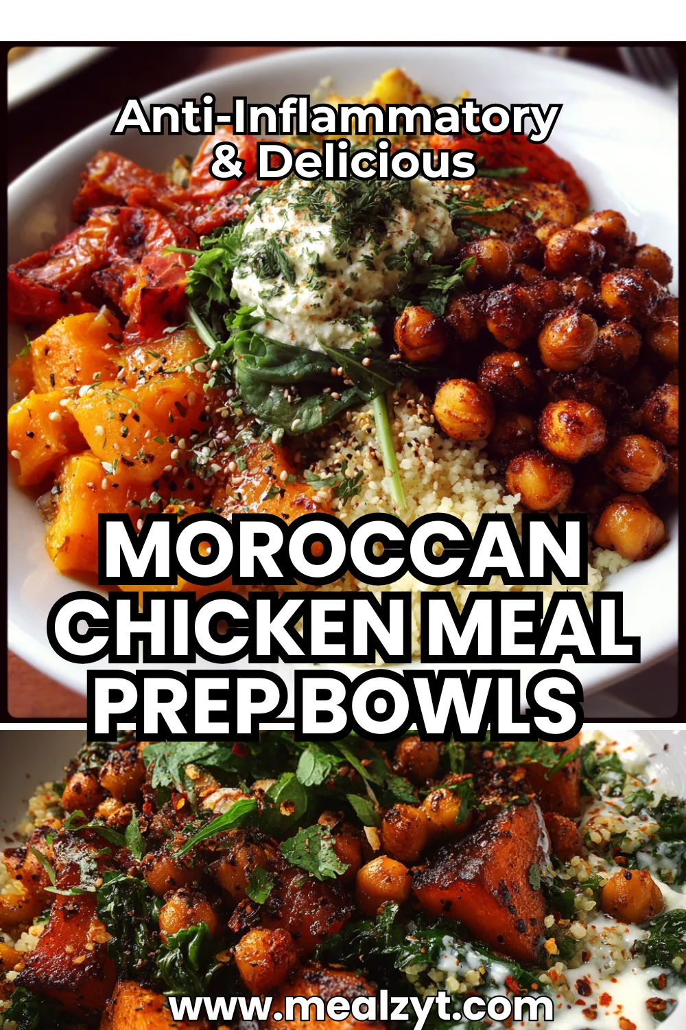 Healthy Moroccan meal prep bowls with spiced chicken thighs, roasted cauliflower, chickpeas, and couscous, garnished with fresh herbs.