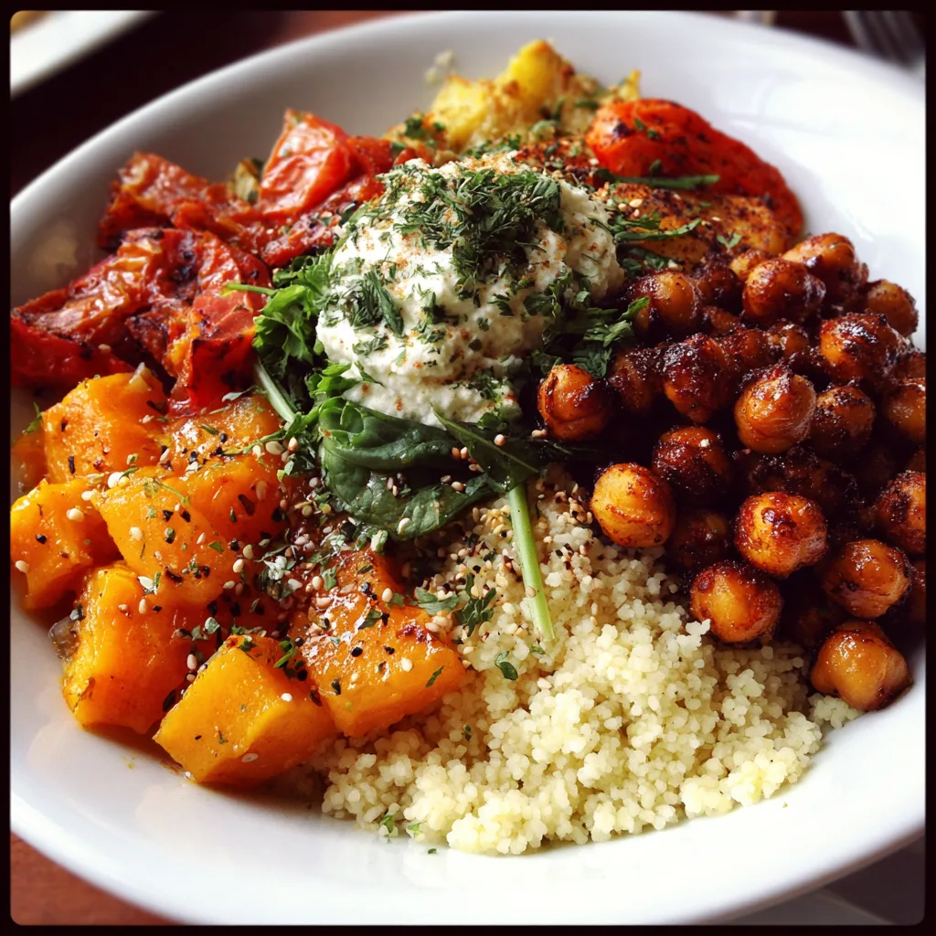Healthy Moroccan meal prep bowls with spiced chicken thighs, roasted cauliflower, chickpeas, and couscous, garnished with fresh herbs.