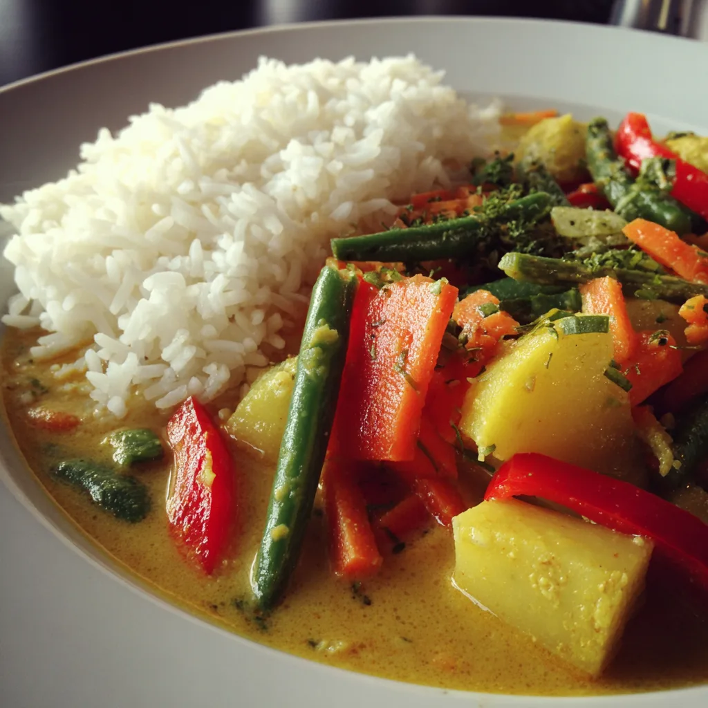 Healthy Thai curry with lean chicken breast, broccoli florets, red bell peppers, snap peas, and carrots in light coconut curry sauce over cauliflower rice
