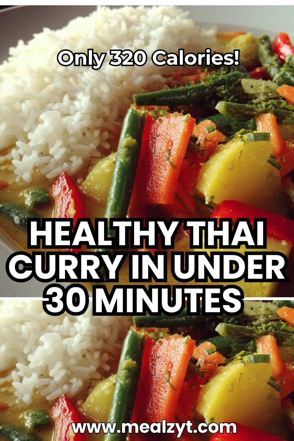 Healthy Thai curry with lean chicken breast, broccoli florets, red bell peppers, snap peas, and carrots in light coconut curry sauce over cauliflower rice