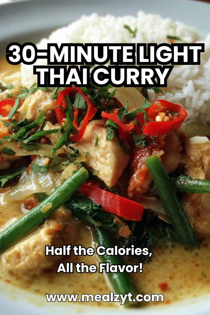 Healthy Thai curry with lean chicken breast, broccoli florets, red bell peppers, snap peas, and carrots in light coconut curry sauce over cauliflower rice