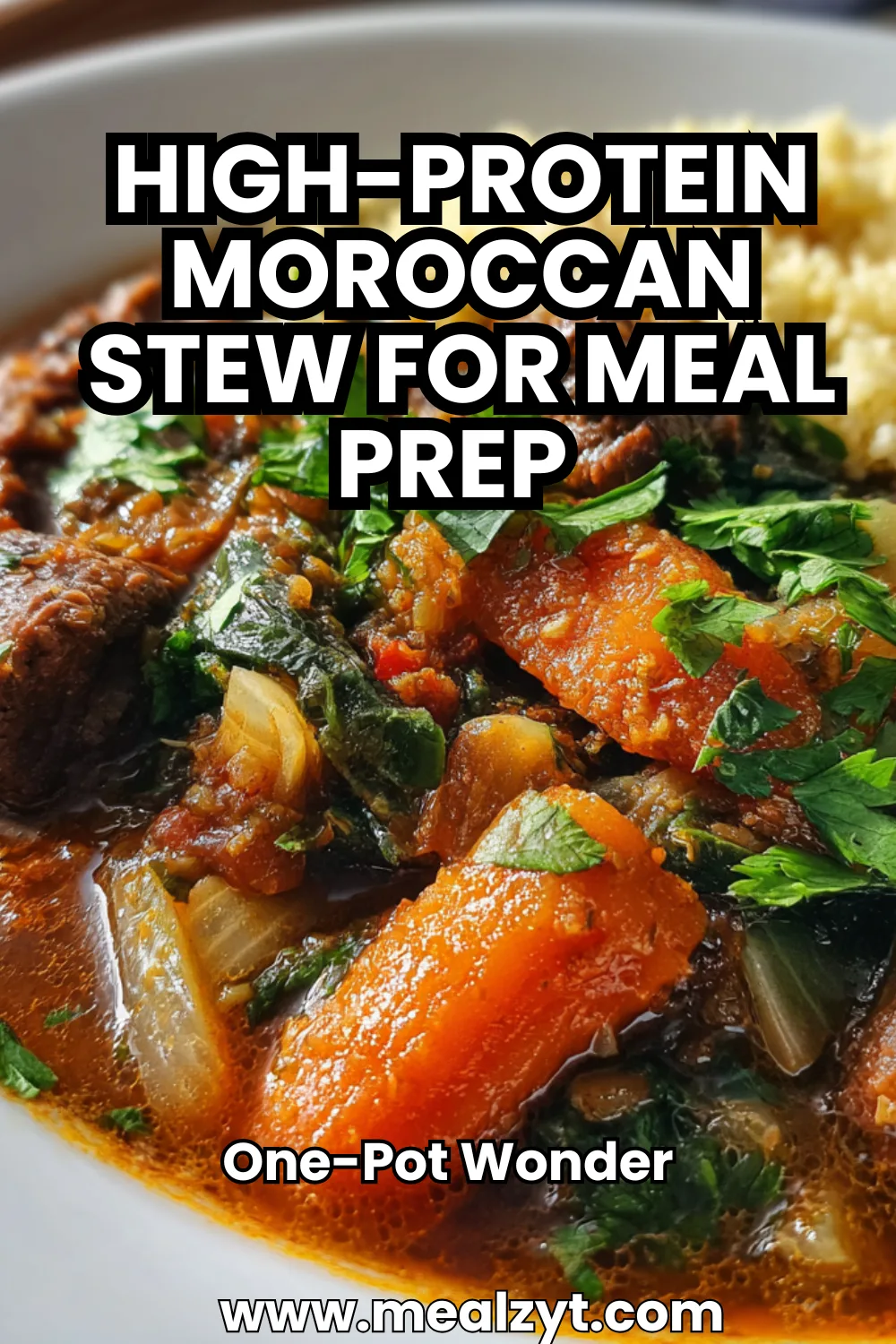 High-protein Moroccan stew with chicken thighs, chickpeas, lentils, and vegetables in a white pot, topped with fresh cilantro.