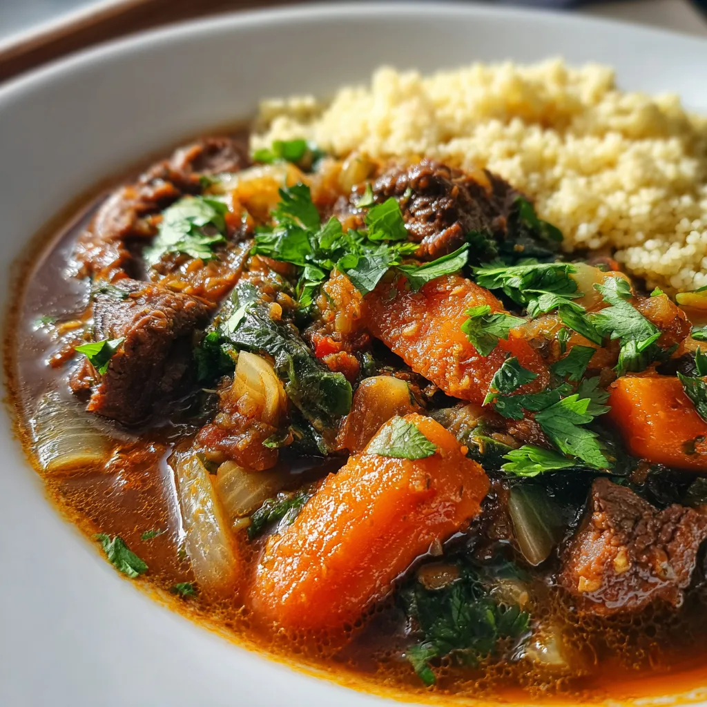 High-protein Moroccan stew with chicken thighs, chickpeas, lentils, and vegetables in a white pot, topped with fresh cilantro.