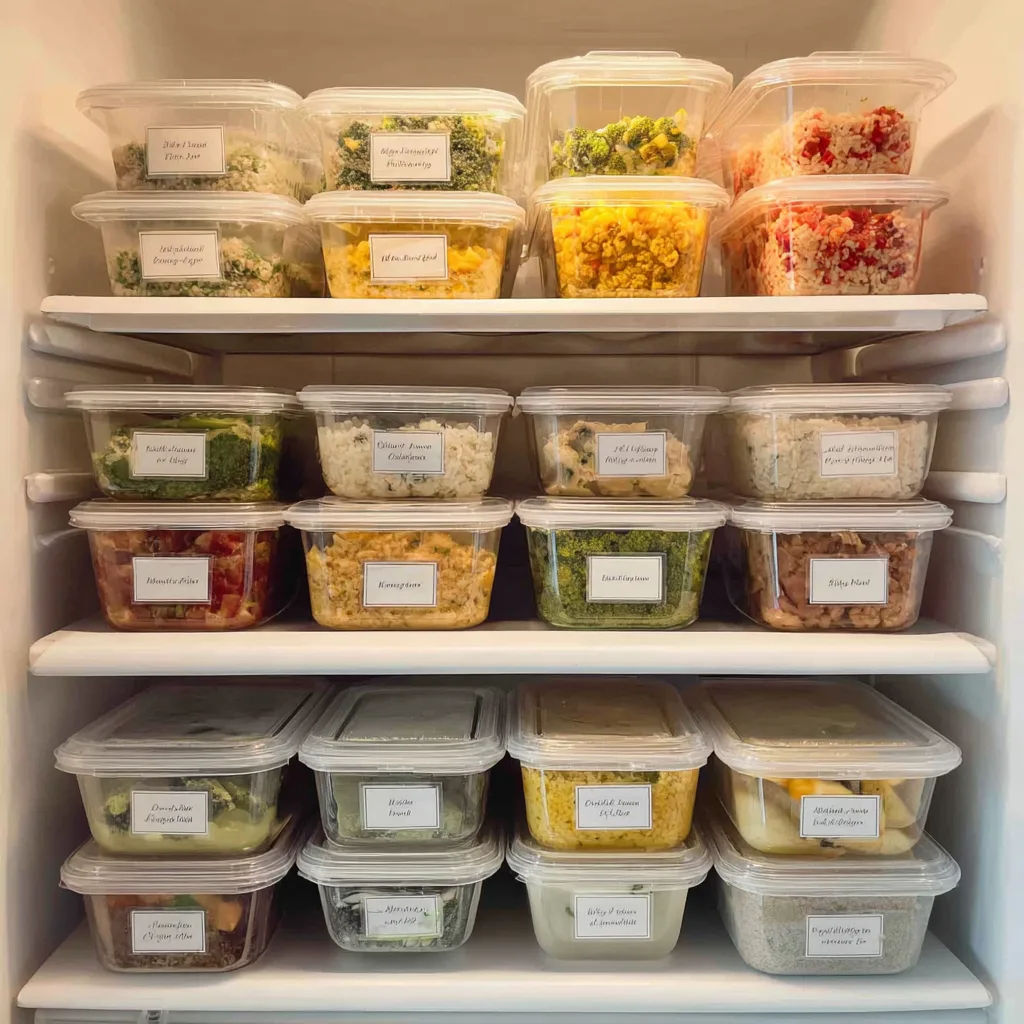Freezer meal prep containers properly sealed with labels showing dates and meal names