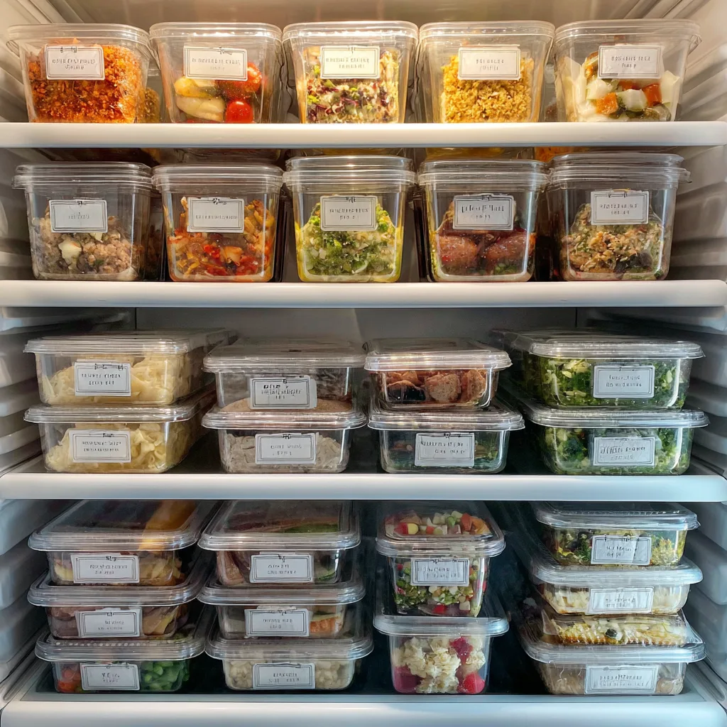 Freezer meal prep containers properly sealed with labels showing dates and meal names