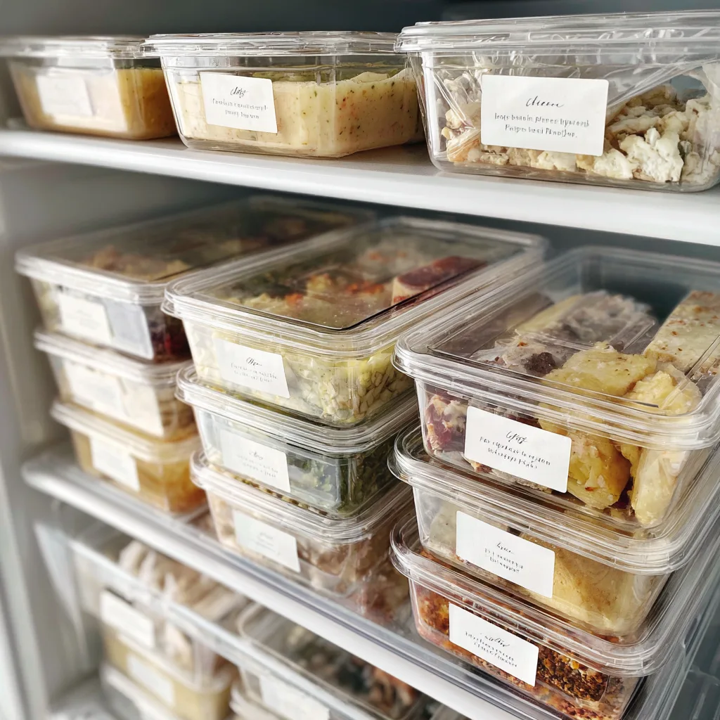 Freezer meal prep containers properly sealed with labels showing dates and meal names