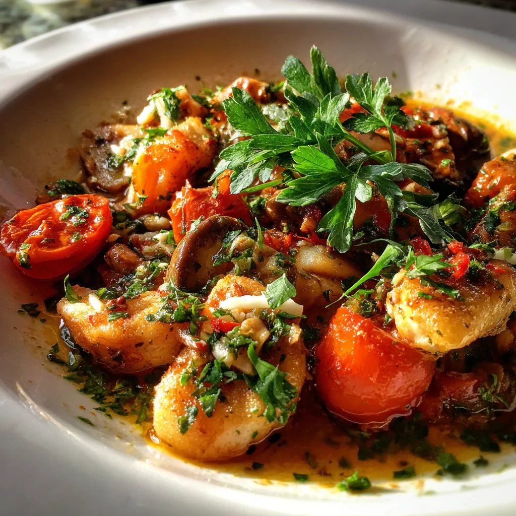 Mediterranean-inspired Moroccan one-pot with chickpeas, red lentils, green olives, and colorful vegetables in a white pot, topped with fresh parsley.
