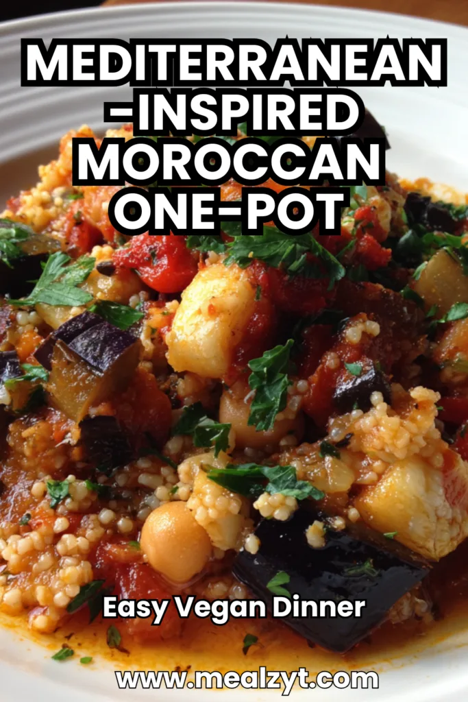 Mediterranean-inspired Moroccan one-pot with chickpeas, red lentils, green olives, and colorful vegetables in a white pot, topped with fresh parsley.