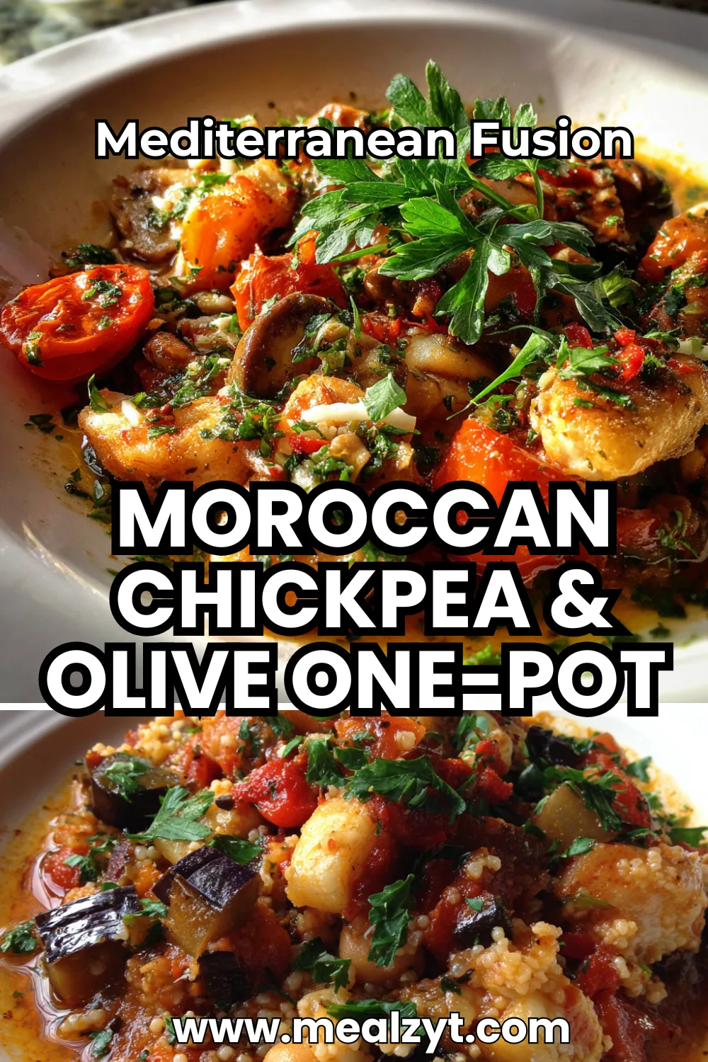 Mediterranean-inspired Moroccan one-pot with chickpeas, red lentils, green olives, and colorful vegetables in a white pot, topped with fresh parsley.