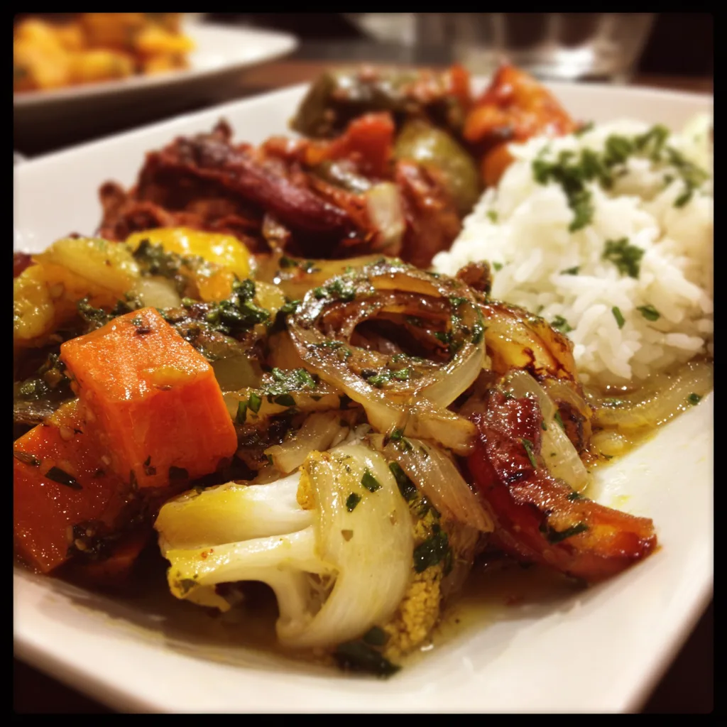 Moroccan anti-stress dinner bowl with roasted chickpeas, cauliflower, sweet potatoes, and creamy tahini sauce, topped with fresh cilantro.