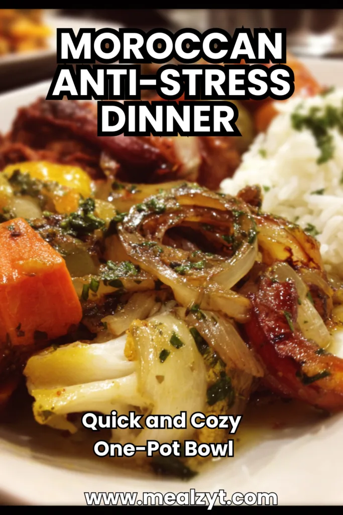 Moroccan anti-stress dinner bowl with roasted chickpeas, cauliflower, sweet potatoes, and creamy tahini sauce, topped with fresh cilantro.