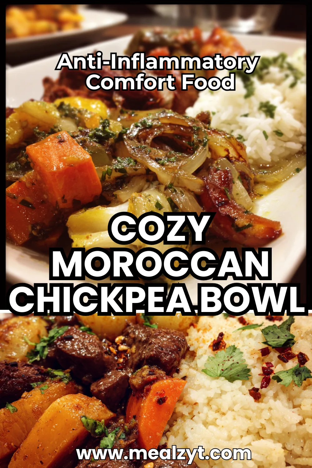 Moroccan anti-stress dinner bowl with roasted chickpeas, cauliflower, sweet potatoes, and creamy tahini sauce, topped with fresh cilantro.