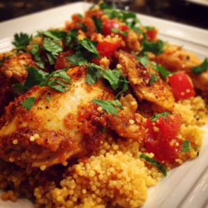 Moroccan chicken couscous bake with vegetables in a white casserole dish