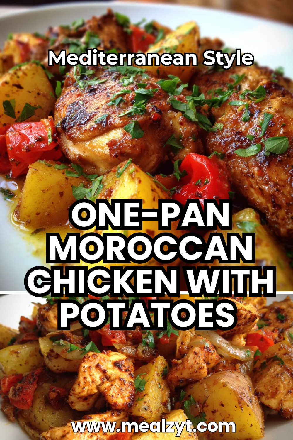 Moroccan chicken and potatoes skillet with crispy chicken thighs, golden baby potatoes, onions, and lemon slices, topped with fresh parsley.