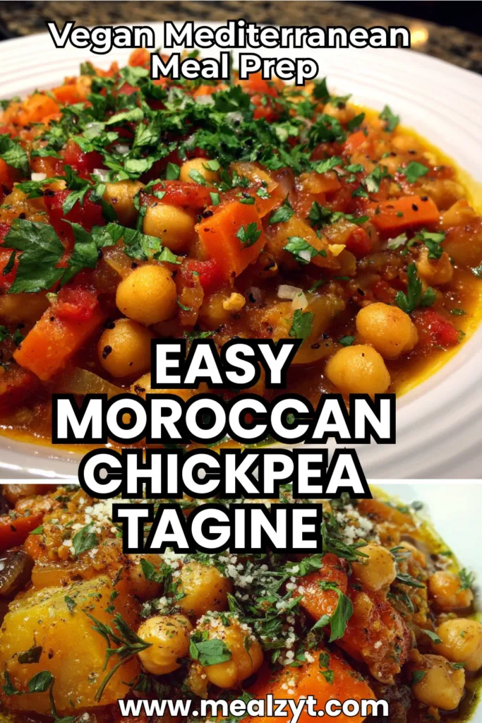Moroccan chickpea tagine with butternut squash, chickpeas, and vegetables in a white pot, topped with fresh cilantro.