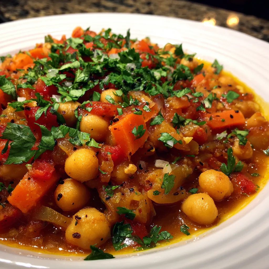 Moroccan chickpea tagine with butternut squash, chickpeas, and vegetables in a white pot, topped with fresh cilantro.