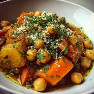 Moroccan chickpea tagine with butternut squash, chickpeas, and vegetables in a white pot, topped with fresh cilantro.