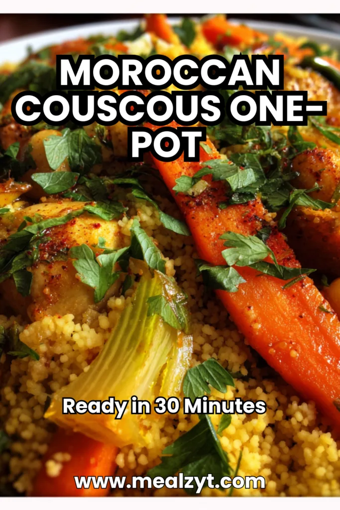 Moroccan couscous one-pot with fluffy instant couscous, chickpeas, red bell peppers, zucchini, and wilted spinach in a large skillet, topped with fresh cilantro.