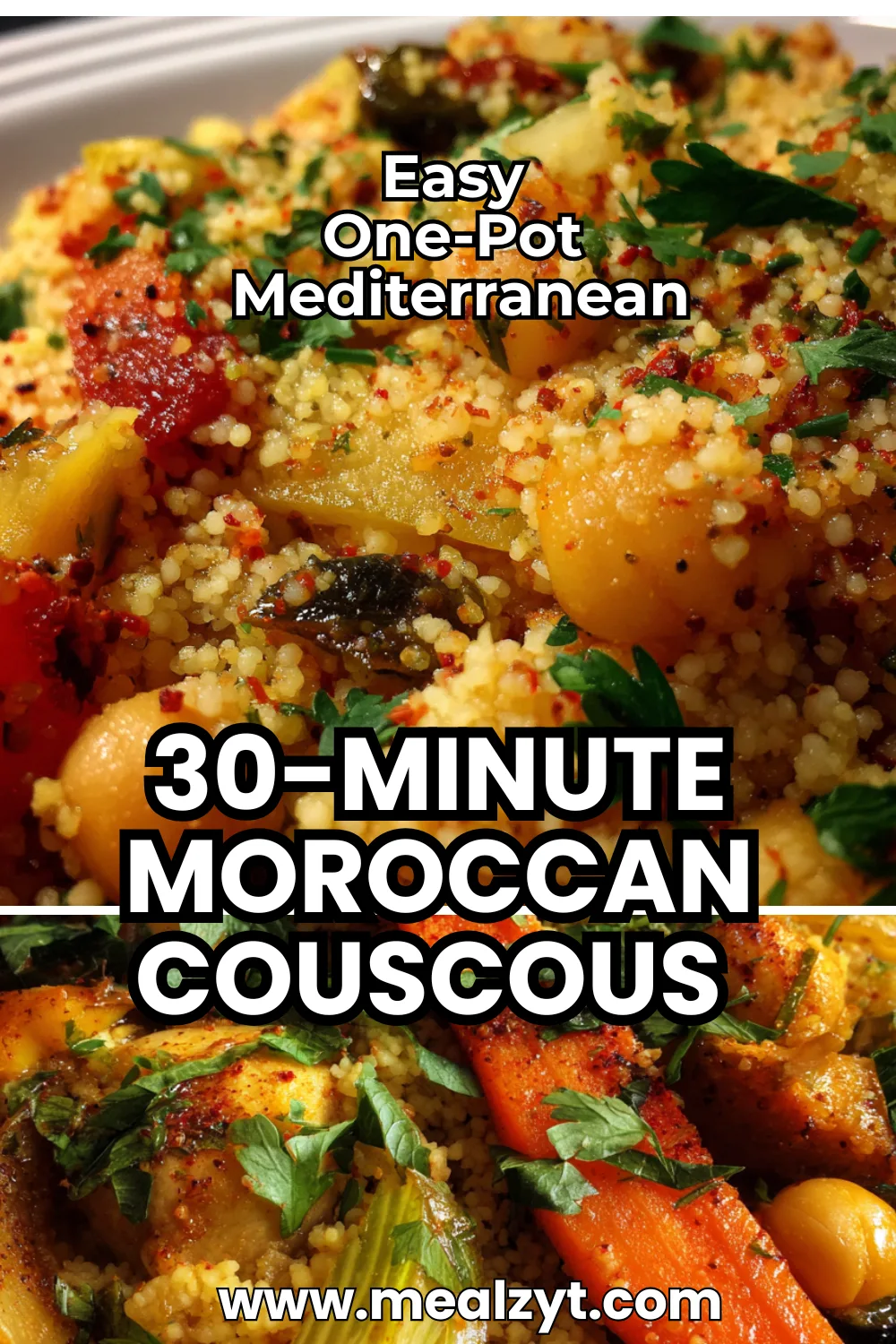 Moroccan couscous one-pot with fluffy instant couscous, chickpeas, red bell peppers, zucchini, and wilted spinach in a large skillet, topped with fresh cilantro.